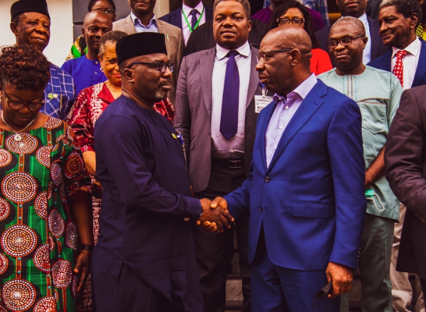 L-R: Acting Head of Department, Clinical Pharmacy, University of Benin, Dr. (Mrs) Stella Usifoh; President, Pharmaceutical Society of Nigeria (PSN), Pharm. Cyril Usifoh; Edo State Governor, Mr Godwin Obaseki, Secretary to the State Government, Osarodion Ogie Esq., and member of PSN, Hon. Emma Okoduwa, during a courtesy visit at Government House, in Benin City.